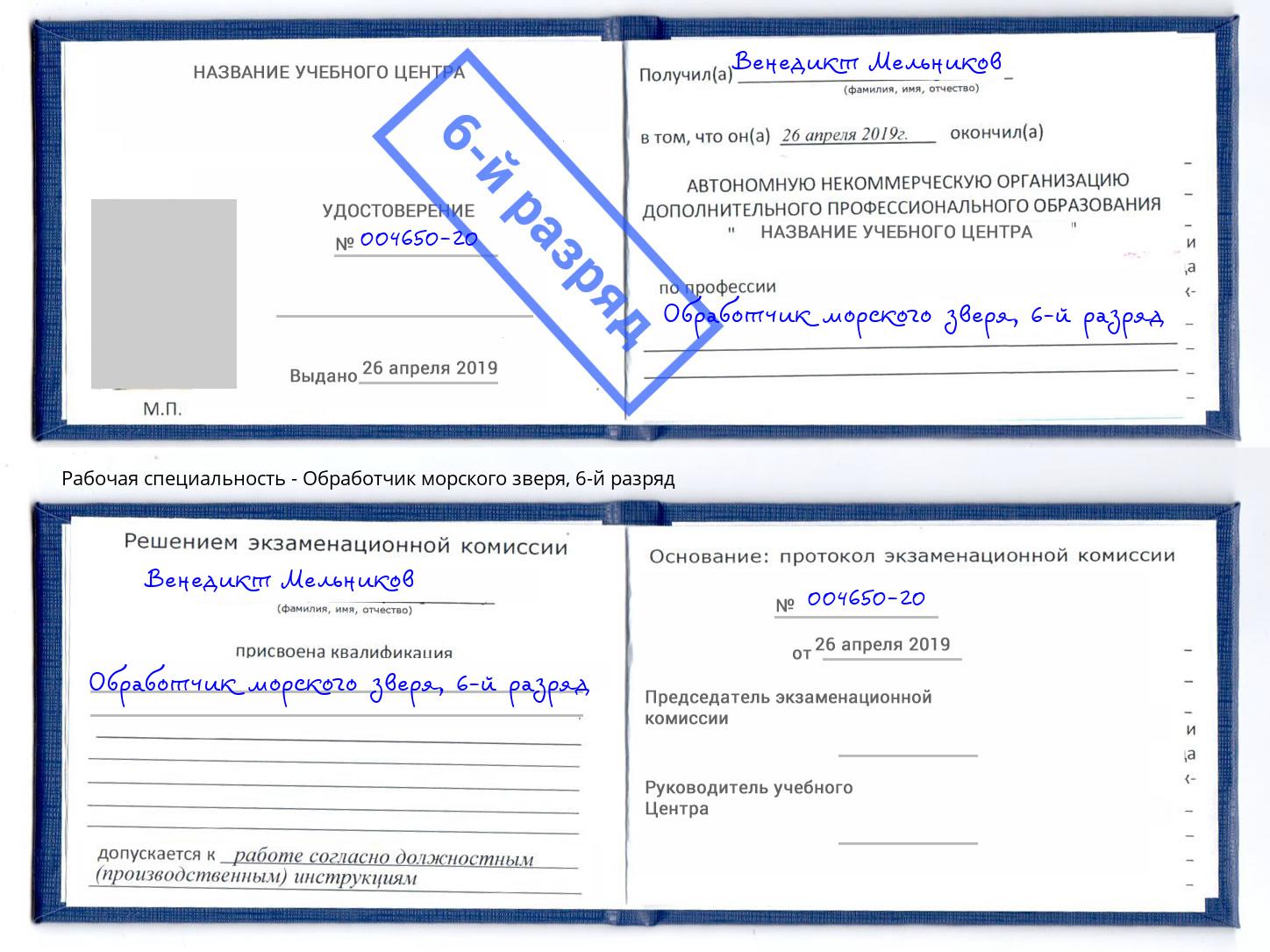 корочка 6-й разряд Обработчик морского зверя Электросталь