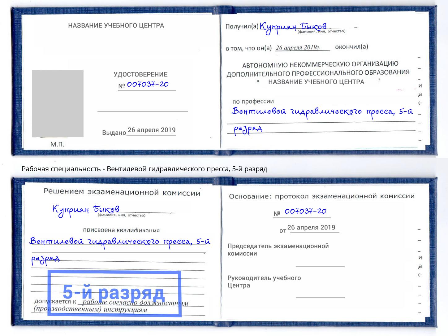 корочка 5-й разряд Вентилевой гидравлического пресса Электросталь