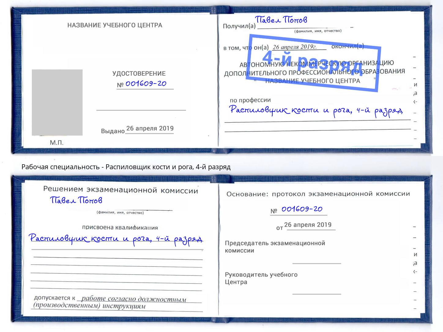 корочка 4-й разряд Распиловщик кости и рога Электросталь