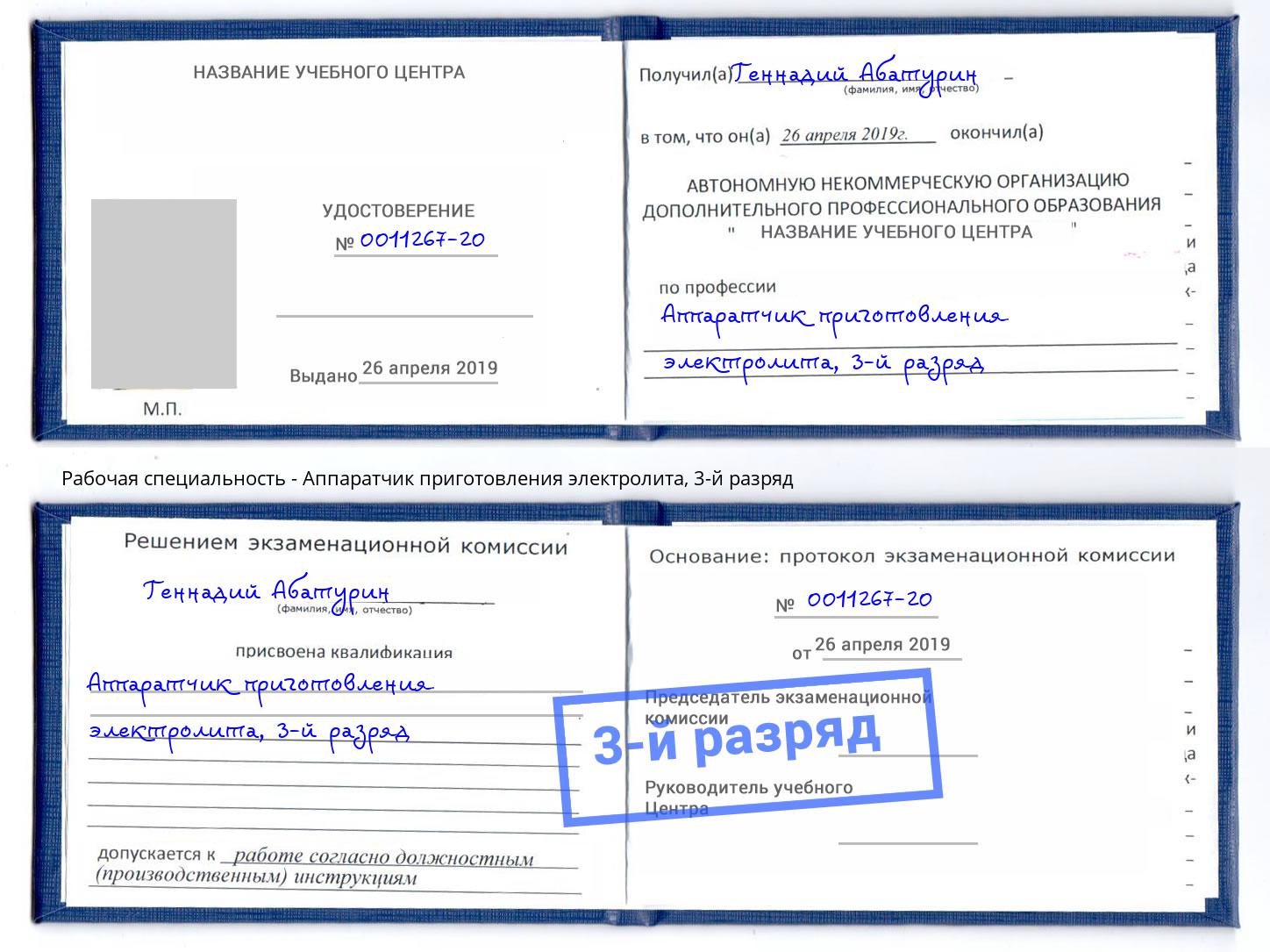 корочка 3-й разряд Аппаратчик приготовления электролита Электросталь