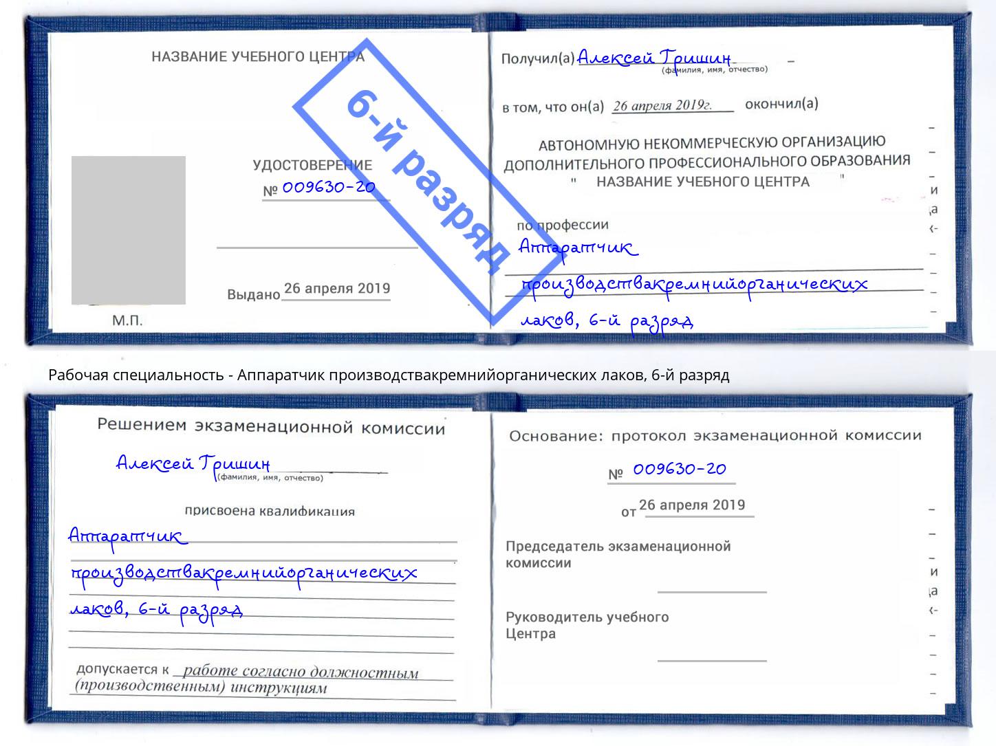 корочка 6-й разряд Аппаратчик производствакремнийорганических лаков Электросталь