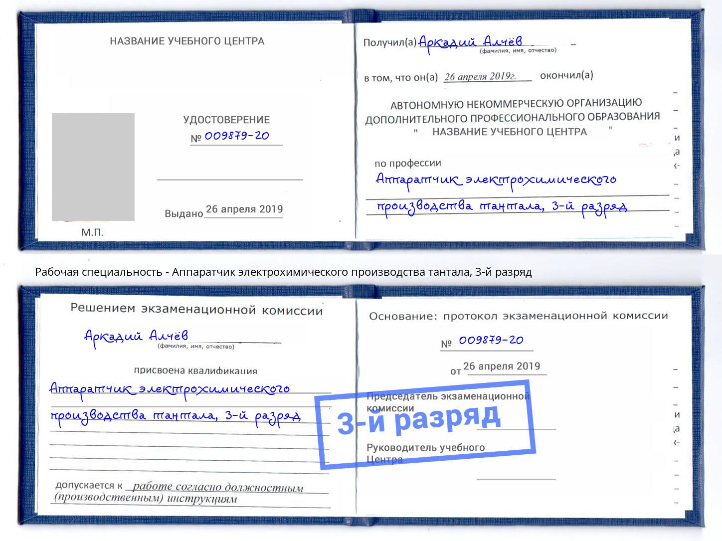 корочка 3-й разряд Аппаратчик электрохимического производства тантала Электросталь
