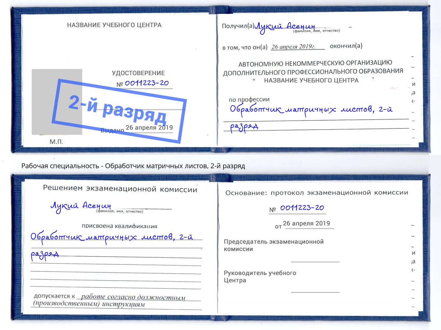 корочка 2-й разряд Обработчик матричных листов Электросталь
