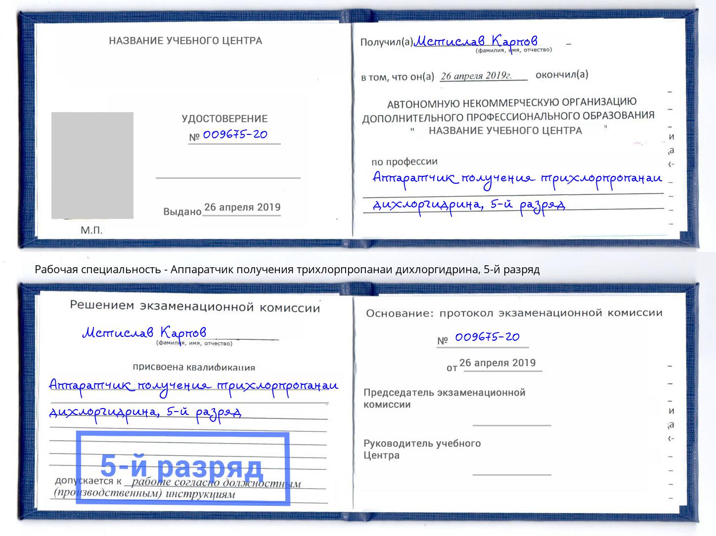 корочка 5-й разряд Аппаратчик получения трихлорпропанаи дихлоргидрина Электросталь